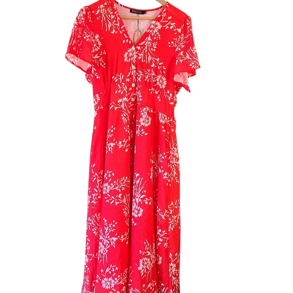 Roylamp NWT Floral Red Dress Midi Flowy Bohemian Cottage Short Sleeve
